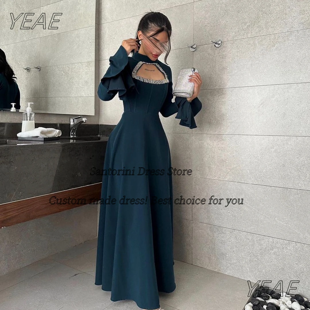 

Santorini Special Occasion Women Diamond Keyhole High Collar Prom Dresses Long Sleeves Evening Dress Floor Length Party Gowns