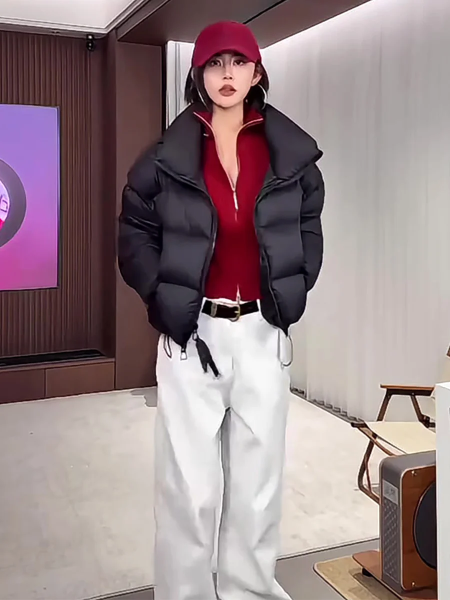 

Women's ort Puffer Jaet 90 White Du down Stand Collar Thi Warm Bread Sle Bla Outerwear Casual Loose Fit Zipper