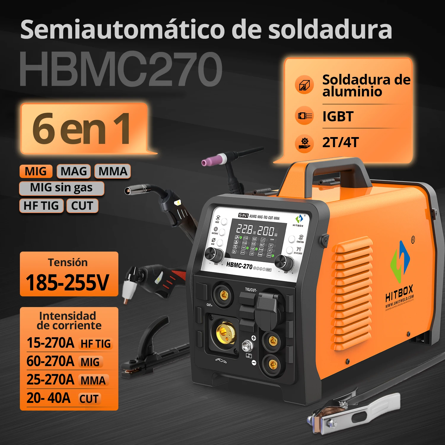 HITBOX  Aluminum Synergic MIG Welder with TIG 6in1 HF TIG/Gas MIG/Gasless MIG/Stick/CUT/SPOT Professional HBMC270 Welding Machine