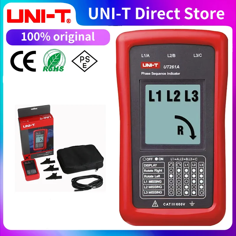 

UNI-T UT261A UT261B 3 Phase Sequence Meter Phase Missing Motor Rotation Indicator AC Voltage Frequency Phase Sequence Detector