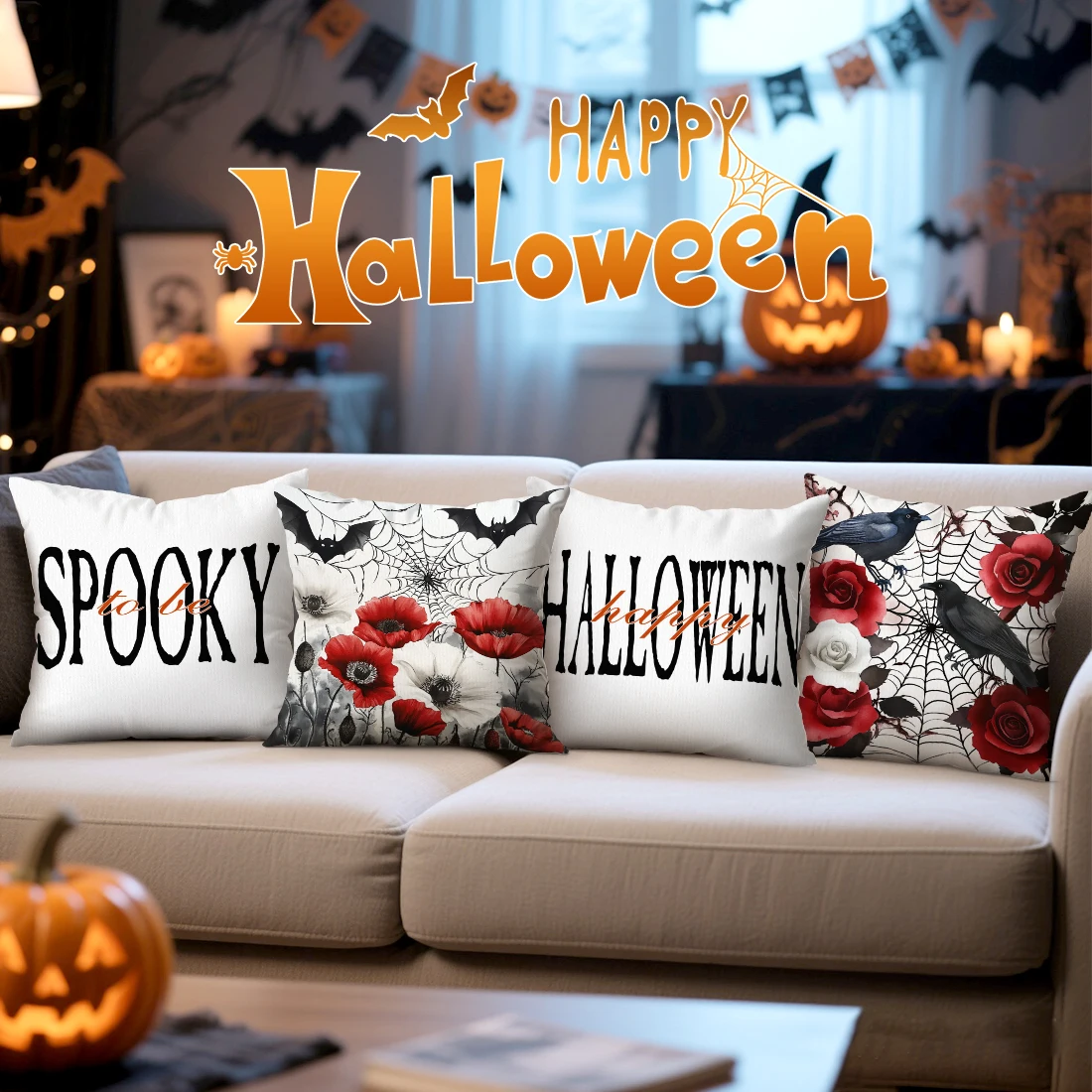 Halloween Red Bat Cushion Pillowcase Printed Polyester 45x45cm Throw Pillowcover Decorative Sofa Cushion Pillowslip Home Decor