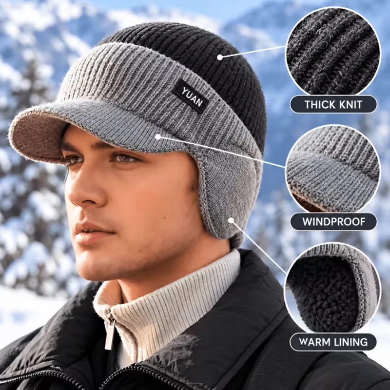Winter Ear Flap Knit Hat Thickened Windproof Ear Protection Baseball Cap Men Women Elastic Thermal Skiing Hiking Running Beanie