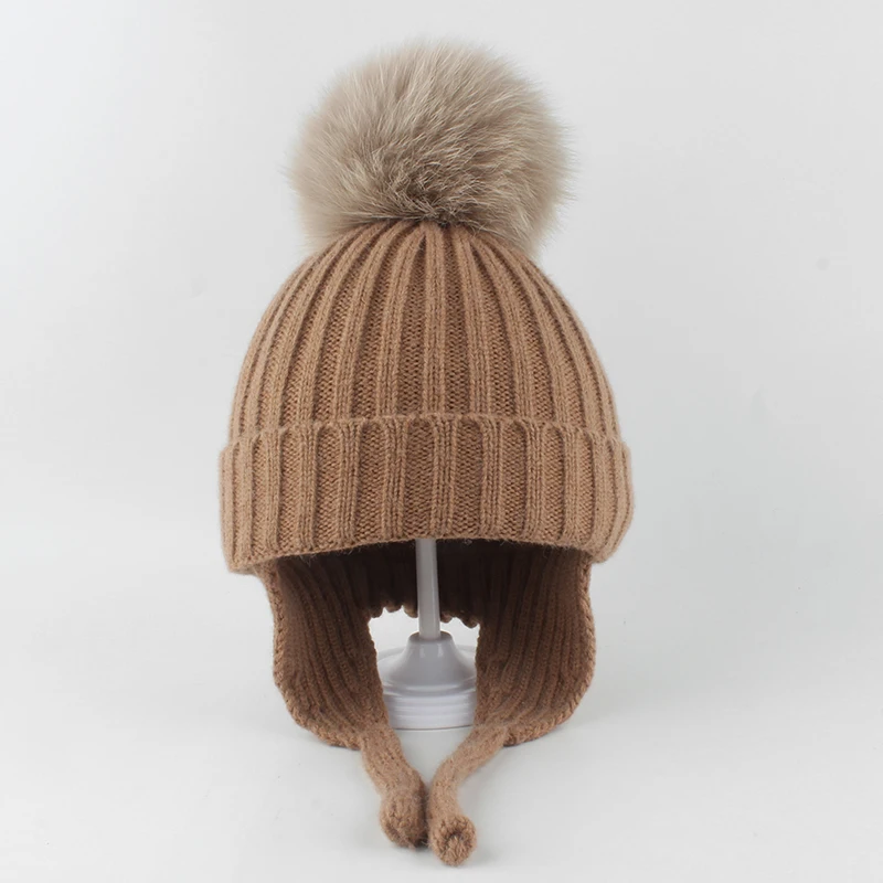 Winter Real Fox Fur Pompom Beanie Hats For Kids Autumn Baby Warm Knitted Wool Hat Toddler Earflap Skullies Beanies Outdoor