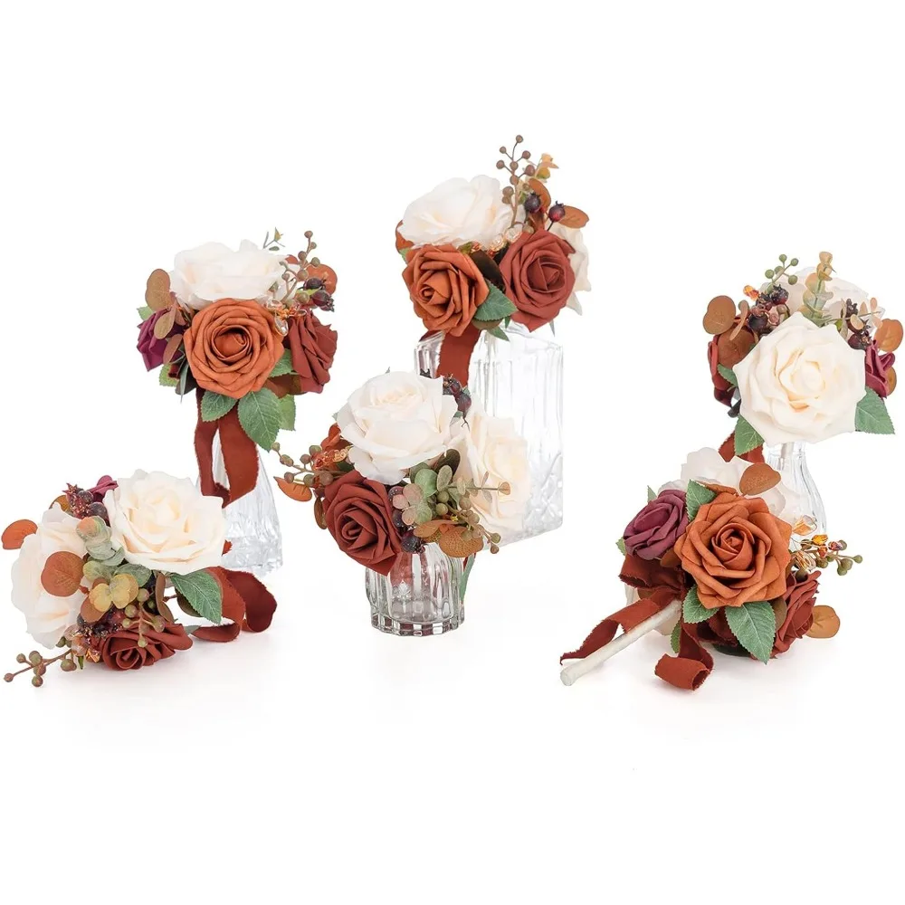 Burnt Orange Wedding Flowers, Mini Bridesmaid Bouquets Set of 6 Pre-Made Small Floral Fall Wedding Centerpieces