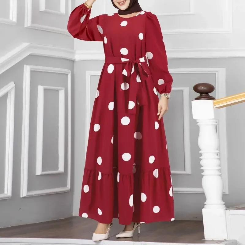 Women's Dresses For Girls Muslim Robe Lantern Long Sleeve Round Neck Polka Dot Temperament Elegant Temperament Dress