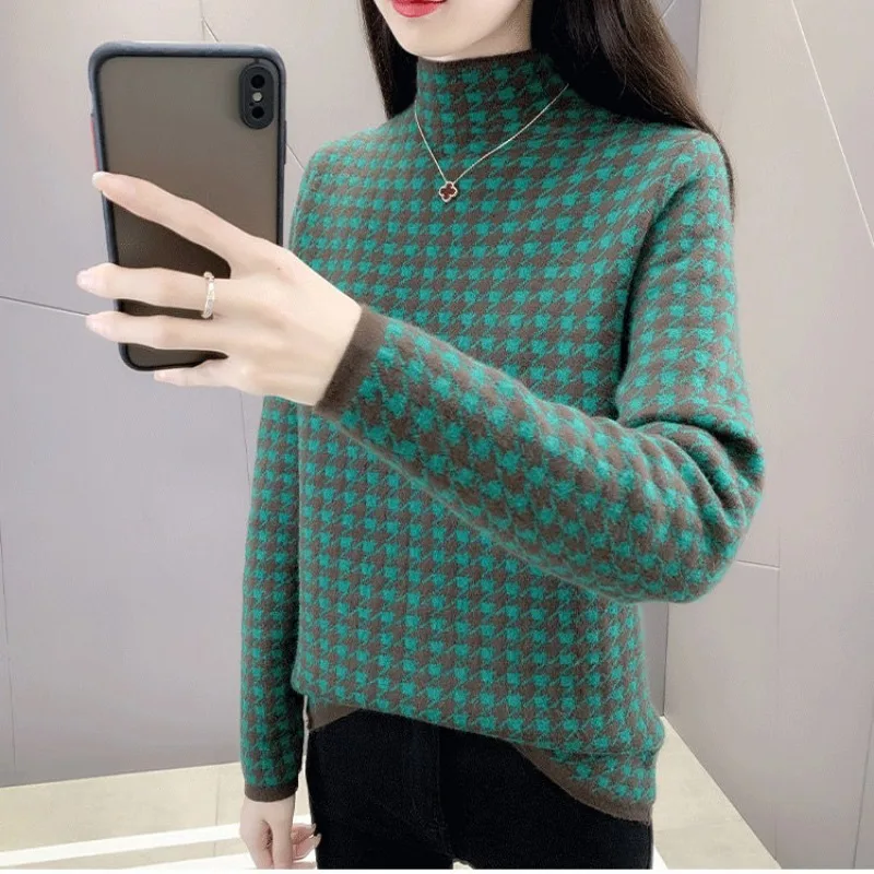 

Women's Sweater Autumn and Winter Pullover Thickened Inner Layup with Bird Grid Half High Neck Fashion Knit Long Sleeved Tops