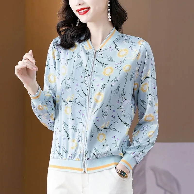 Women's Lightweight Floral Print Silk Thin Silk Cardigan Outerwear For Women Moms Uv Top