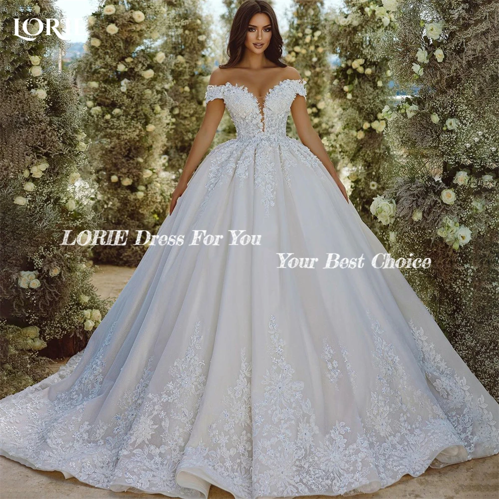 LORIE Vintage Glitter Lace Wedding Dresses Off Shoulder Applique A-Line VNeck Bridal Gown Backless Princess BrideGown Customized