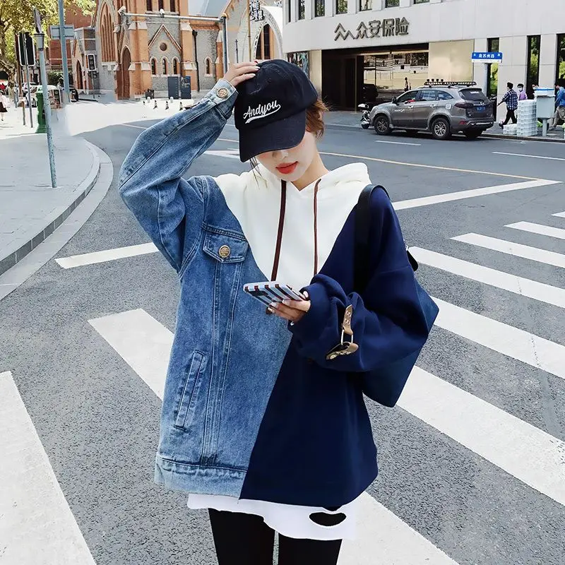 Spring Autumn New Contrast Color Patchwork Hoodies Women High Street Long Sleeve Loose Pullovers Korean Style Mid-length Tops