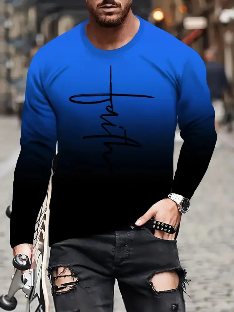 Fashion Trend Men\'s Crew-neck Long Sleeves Cross 3D Printed Men\'s Casual Pullover T-shirt Casual All-match Men\'s Top S-5XL