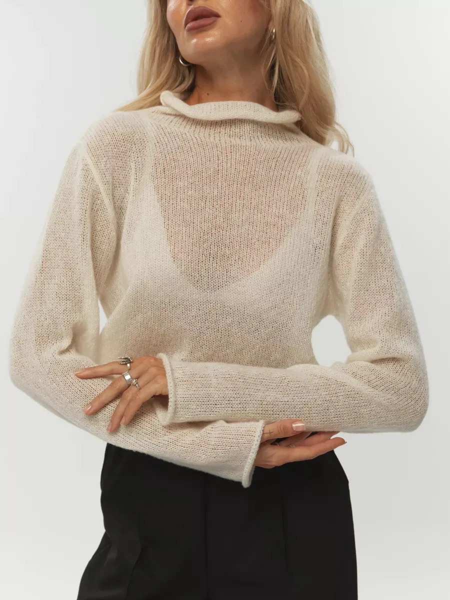 Blubelle Autumn New Women's  Hollow-out Sweater Ins Style Soft Loose Sheer Sexy Knitted Long Sleeve Layering Top