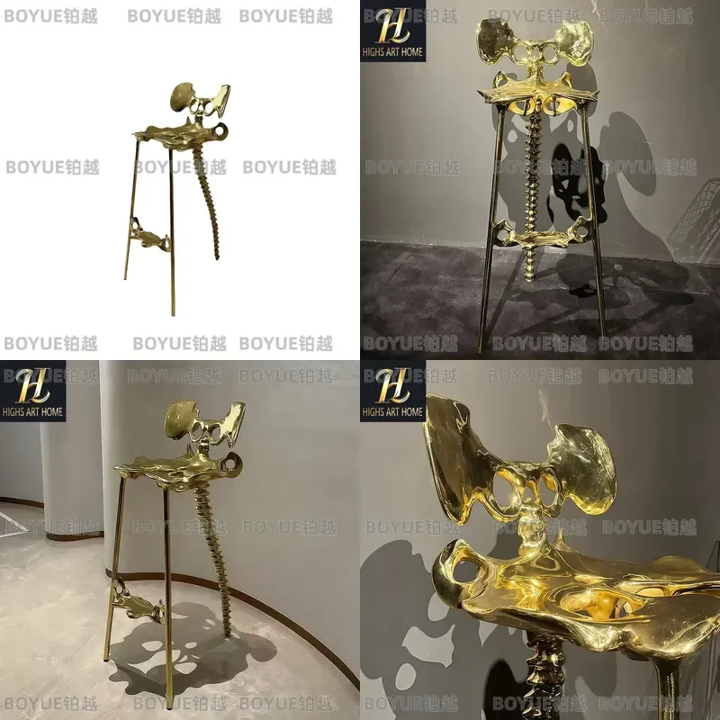 Luxury Brass Bar Stool Alien Art Bone Design High Chair Modern Villa Home Decor Furniture Unique Skeleton Seat Stylish