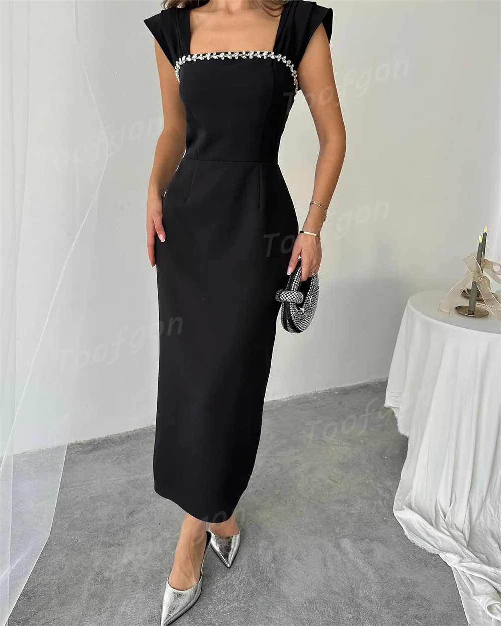 Toofgon Sexy Beaded Square Mermaid Prom Dresses Customized Wide Strap Women Formal Party Dresses Slit Wedding Engagement Gown