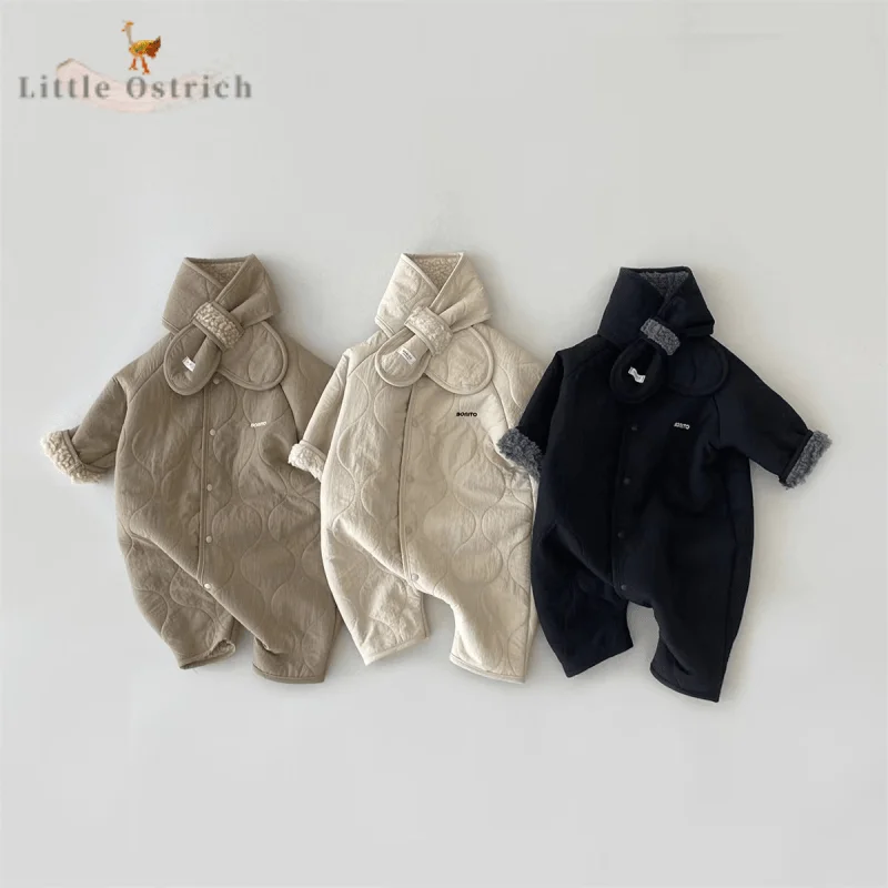 

Newborn Baby Girl Boy Cotton Romper+Scarf Infant Toddler Child Thick Jumpsuit Fleece Inside Warm Outwear Baby Clothes 3-18M