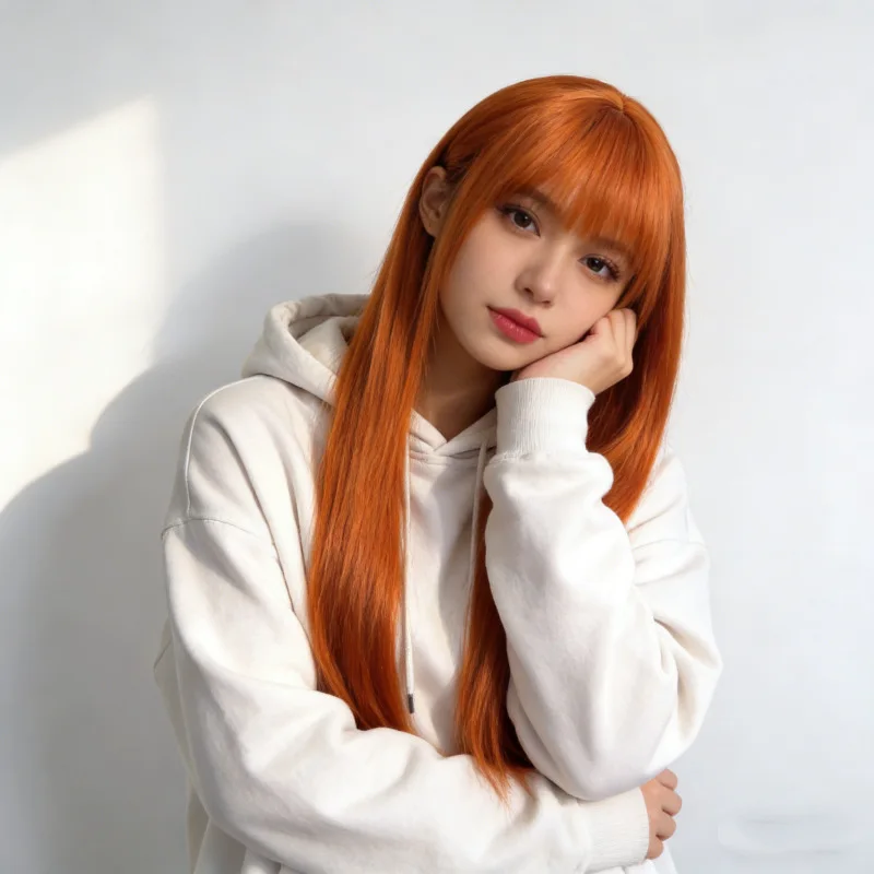 Best-selling orange straight hair synthetic wig for Halloween cosplay role-playing, everyday use, high-temperature silk wig set