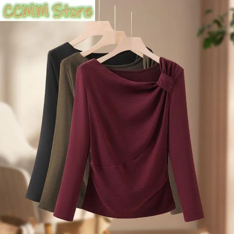 

Модные блузки с косым воротником и складками, женская одежда, весенне-осенние новые свободные однотонные корейские топы, шикарные рубашки