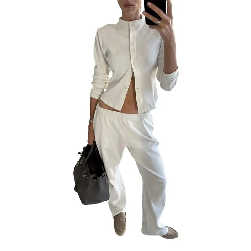 

CYL-Casual 2 Piece Outfit For Women Long Sleeve Button Down Shirt Wide Leg Pants Loungewear Matching Sets White L