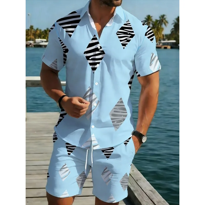 Men's Light Blue Zebra Print Short Sleeve Shirt & Shorts Set Polyester Lightweight Durable Summer Beach Pool Casual Outfit