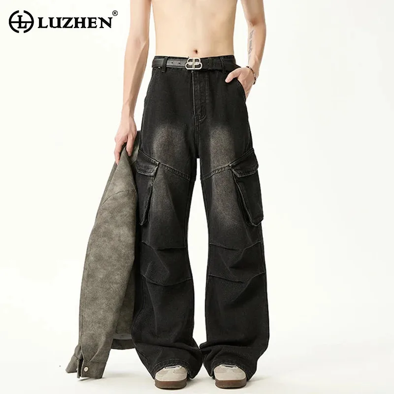 

LUZHEN модные винтажные стильные градиентные потертые прямые джинсовые брюки-карго мужские 2025 новые плиссированные уличные мужские джинсы JY4090