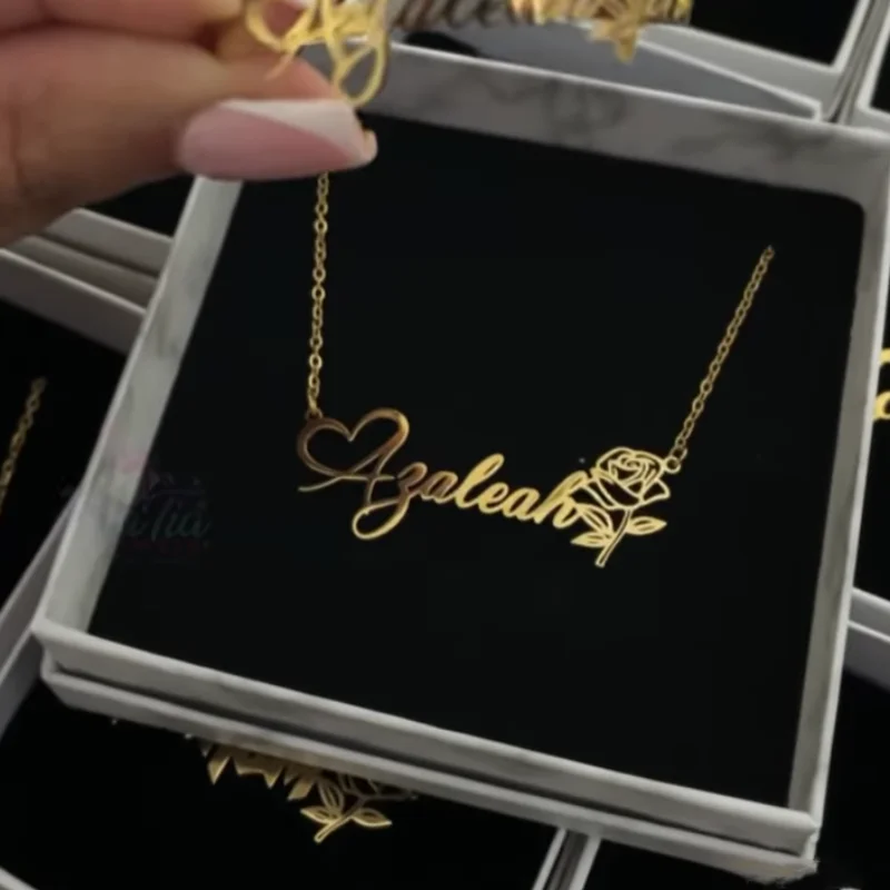 Custom Rose Flower Name Necklace Women Girl Jewelry Stainless Steel Gold Color Personalized Nameplate Pendant Necklace BFF Gift