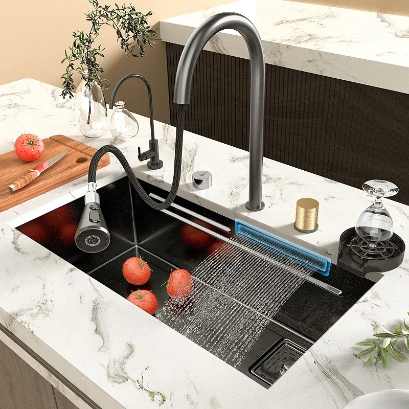 

304Stainless Steel Kitchen Sink with Waterfall Fauccet Large Single Bowl Black Topmount/undermount Wash Basin with Cutting Board