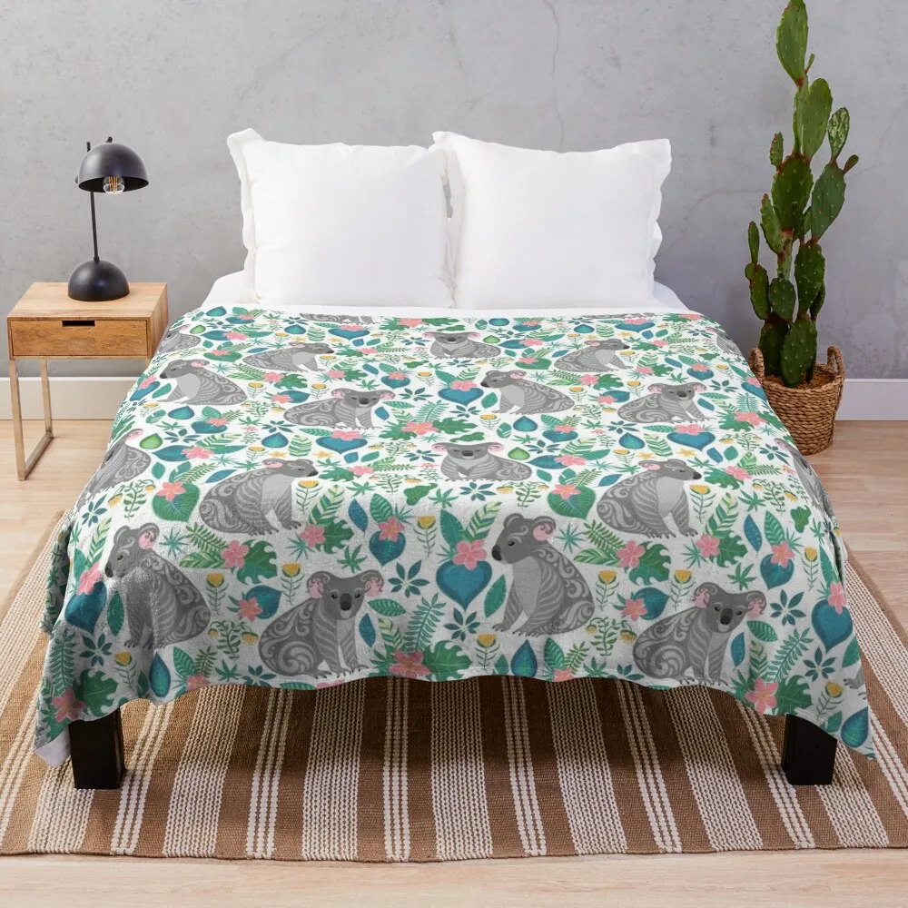 Cute gray koalas with ornaments, tropical flowers and leaves. Seamless tropical pattern. Throw Blanket For Sofa Sofa Blanket