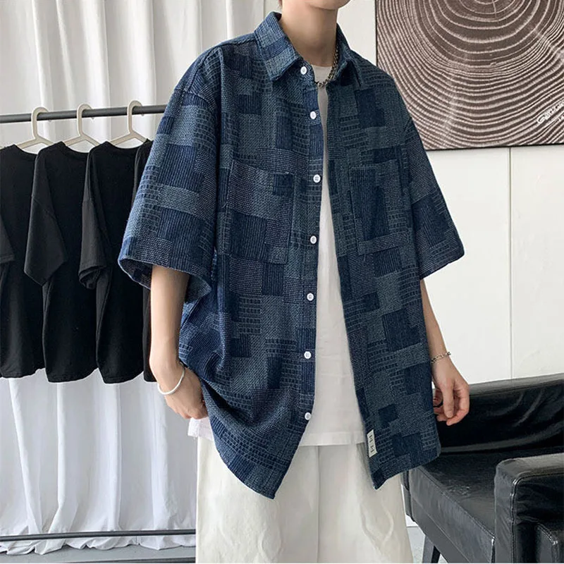 

Men's Short Sleeve Denim Shirt Spring Summer Jacquard Lapel Jacket American Casual Fashion Retro Loose Male Plaid Coat