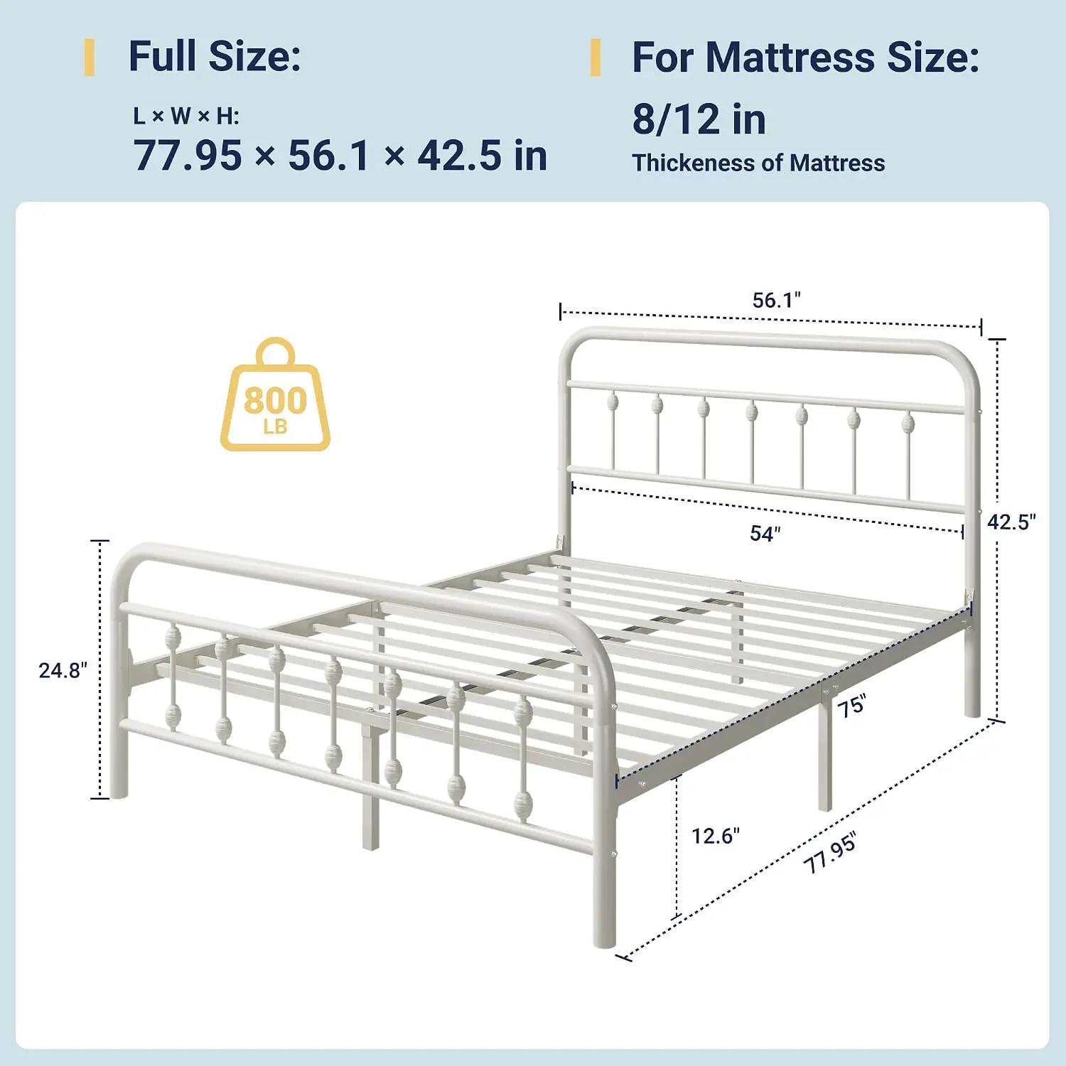 Full Size Metal Platform Bed Frame 14 Inch Off White, Customized