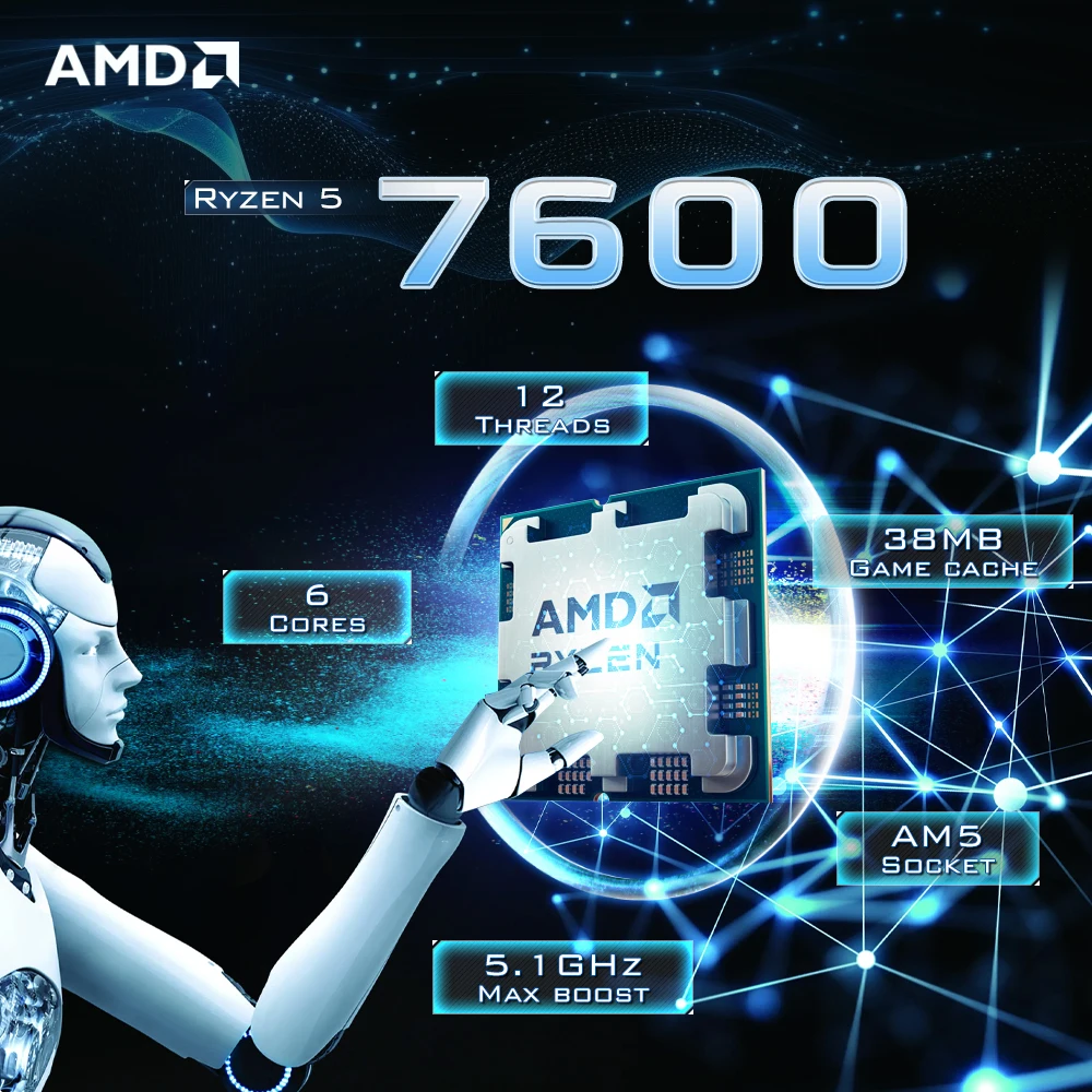 AMD Ryzen 5 7600 6-ядерный 12-поточный разъем AM4 DDR5 Новый процессор со встроенной графикой RDNA2 2CU R5 7600, но без кулера