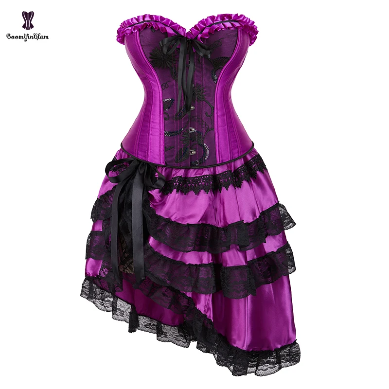 

Plus Size S to 6XL Women Fashion Charming Lace Up Boned Corsets Top With Asymmetrical Skirt Set Purple Corset Dress