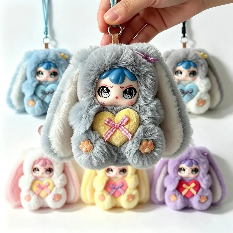 Sweet Long Ear Bunny Plush Keychain Fluffy Adorable Rabbit Vinyl Doll Pendant for Bag Decor Gift