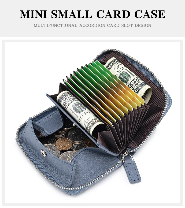 Genuine Leather Small Accordion Card Cases Holder For Women RFID Blocking Zipper Credit Card Wallet with Coin Pouch 2 Cash Slot