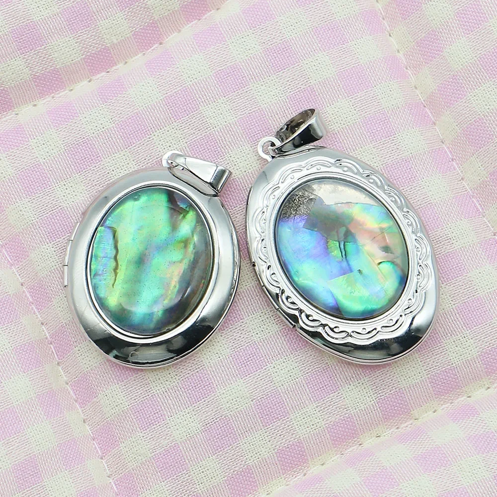 25x38mm 1pc Natural Colored Abalone Shell Oval Silver-Plated Copper Edged Printed Locket Pendant DIY Necklace Jewelry for Family