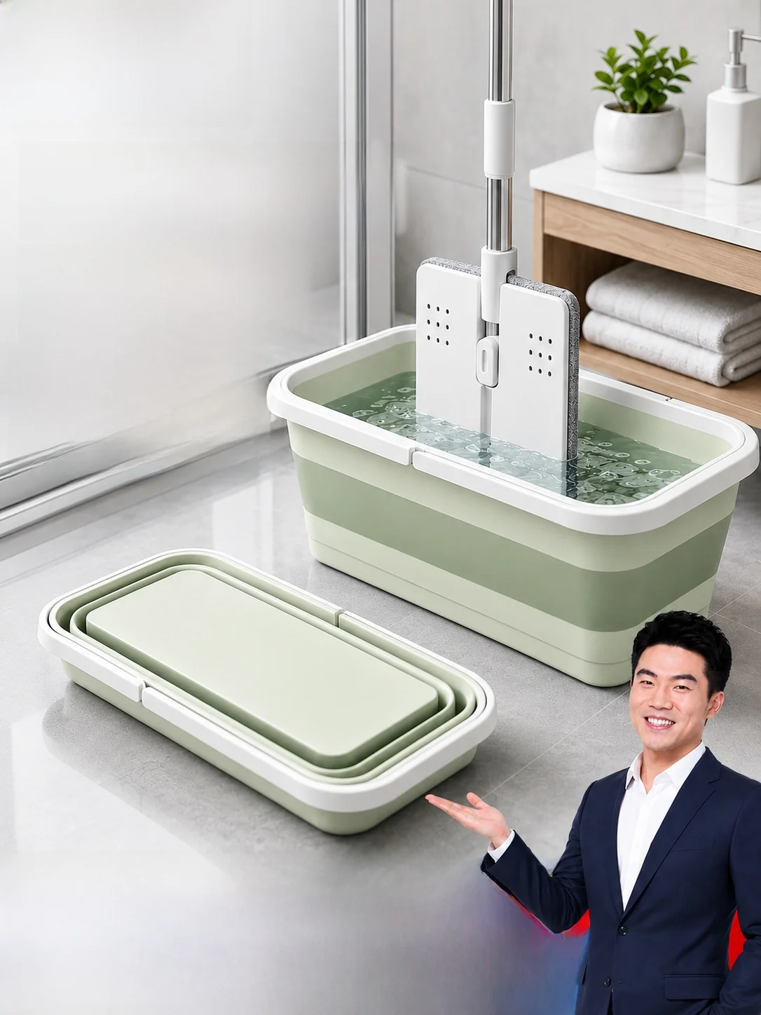 collapsible-silicone-bucket-mop-with-wheels-drain-basin-double-handle-for-student-dormitory-use-household-cleaning-tool