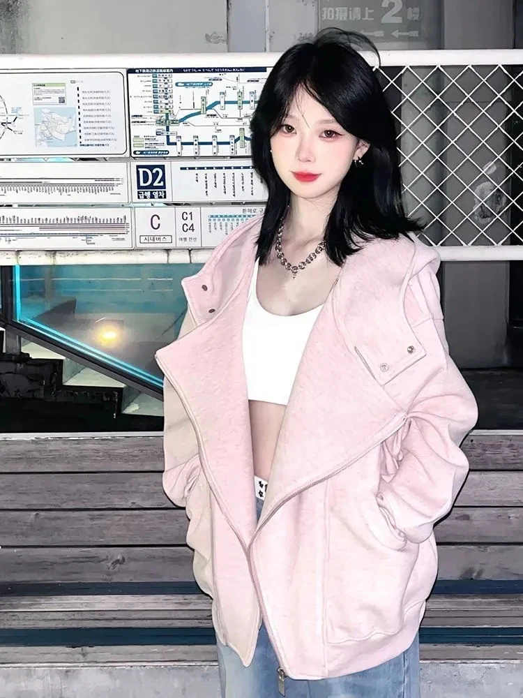 Chaqueta con capucha de algodón puro para mujer, ropa de calle rosa con cremallera, abrigos Vintage de diseño Irregular informal coreano, primavera y otoño
