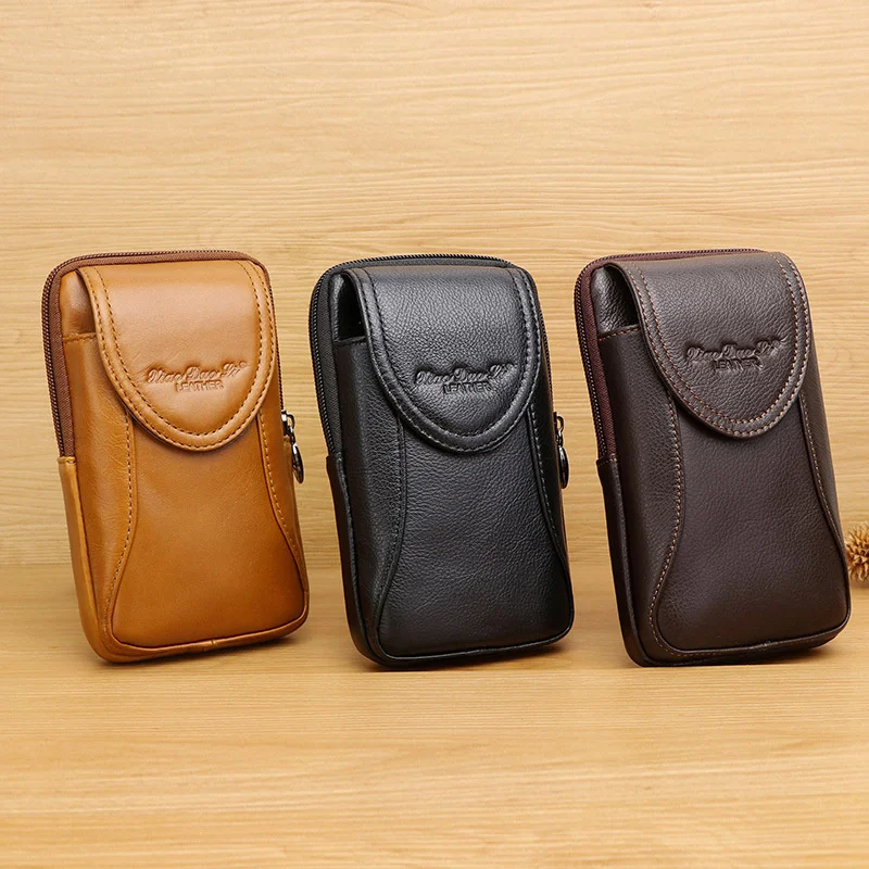 Men's leather waist bag Multi functional small bag Head leather 5.5 inch 6-inch mobile phone bag Belt waist bag