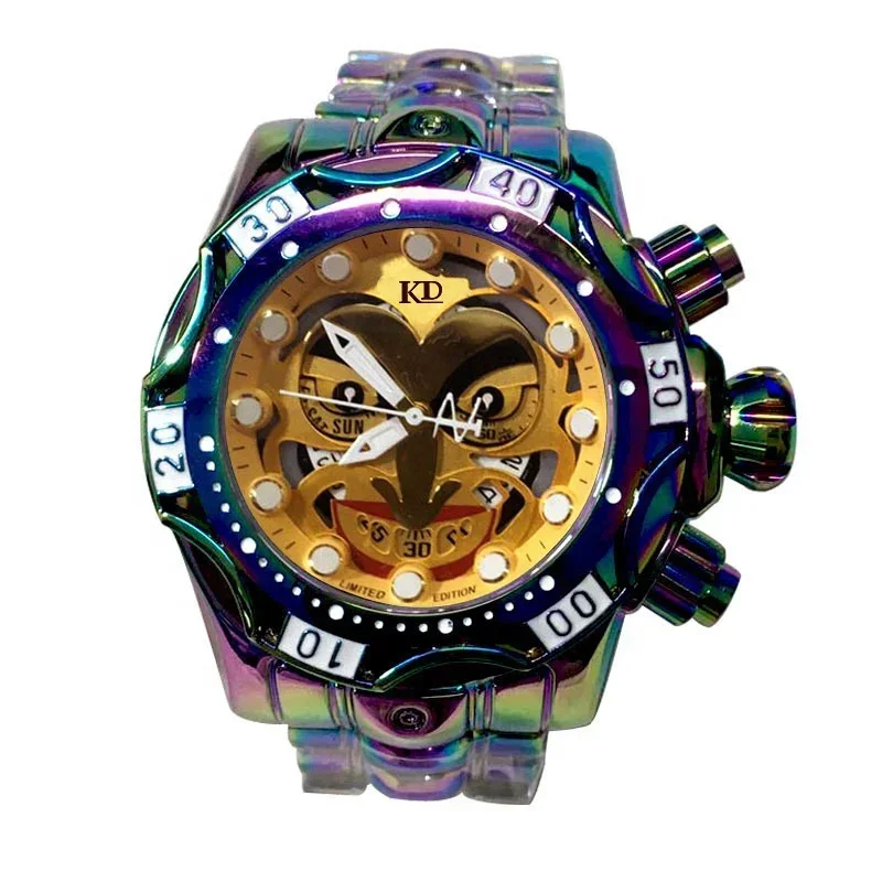 Colorful Alloy Band Big Face Clown Watches Low MOQ Dress Watch High Quality Day And Date Men Watch