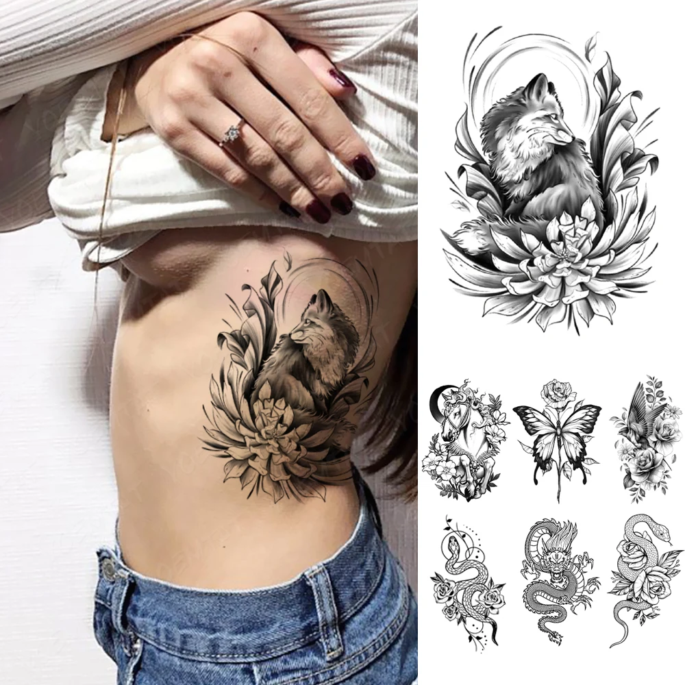 

Waterproof Temporary Tattoo Sticker dark fox unicorn flowers Flash Tattoos Gothic Y2K Body Art Arm Fake Tatoo Men Women