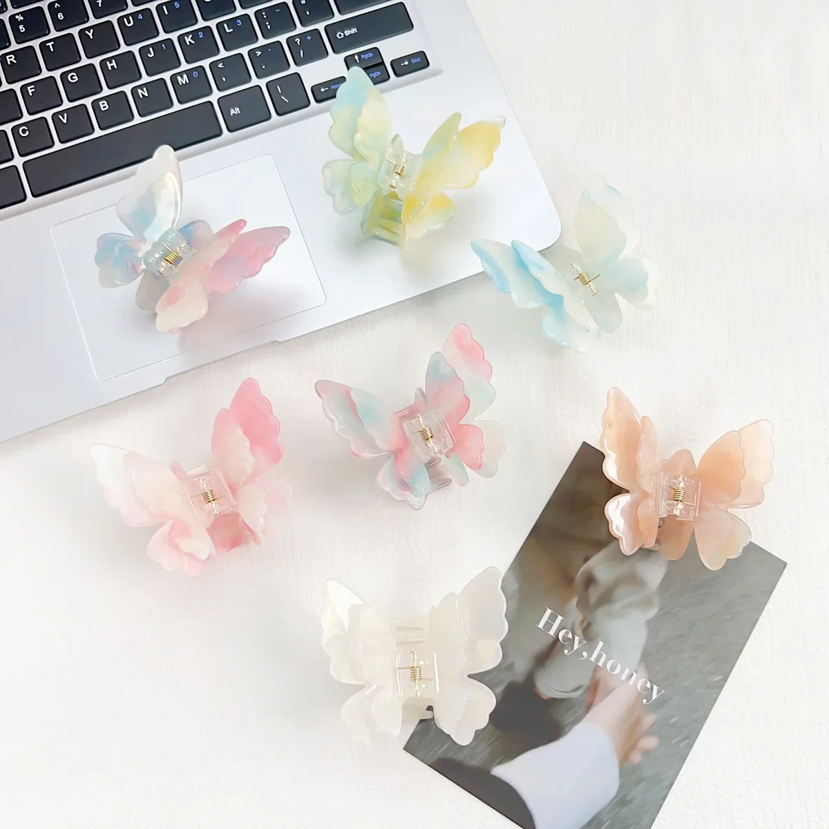 New super fairy high-end double-layer butterfly color-changing hairpin literary, sweet and fresh hair accessories,grab clip girl