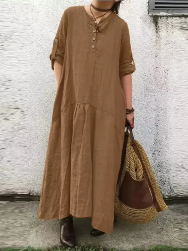 

Woman's Summer Loose Shirt Dress Fashion Solid Color Button Design Leisure Short Sleeves Robe Ladies Simple Style Basic Vestidos