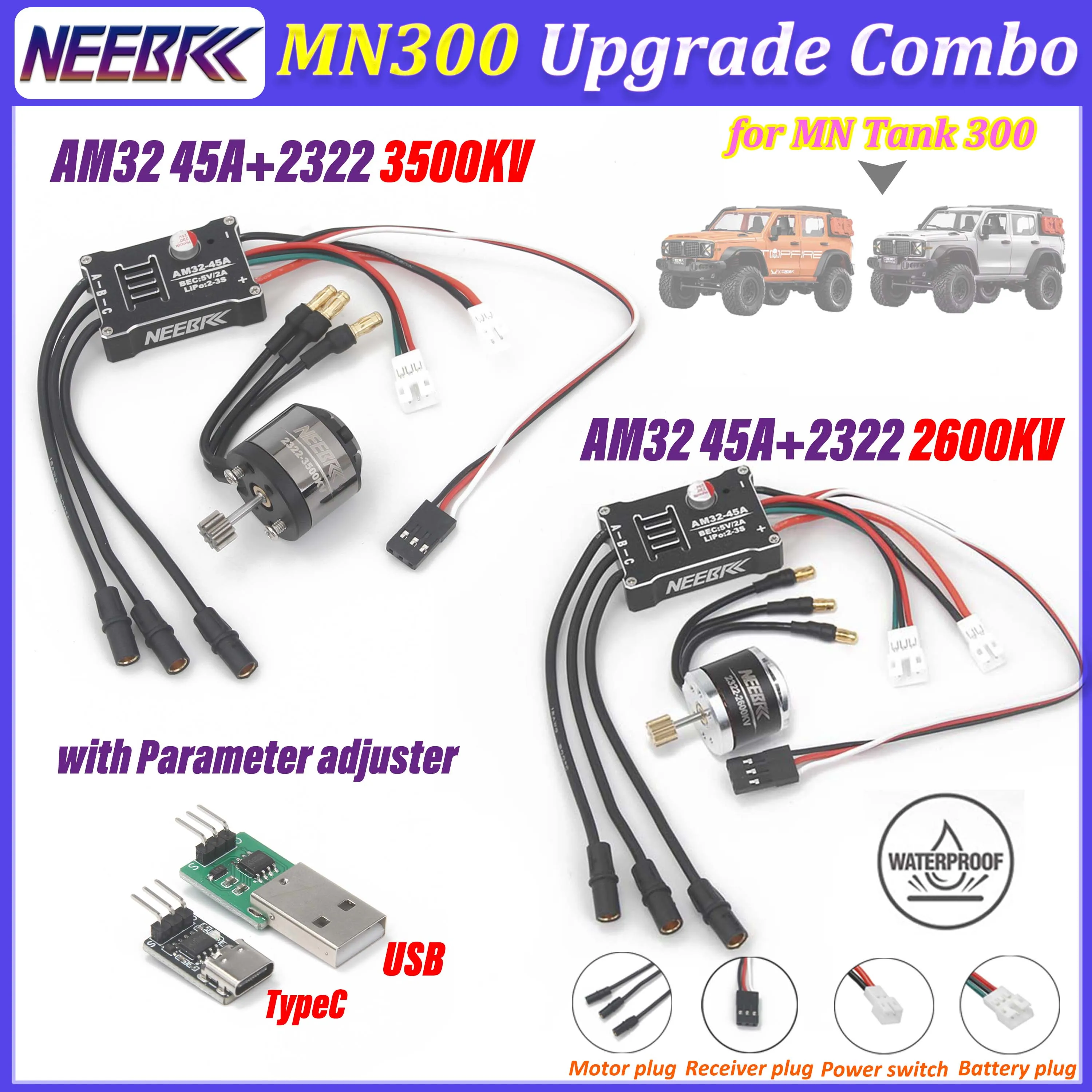 

MN300 Upgrade Power Kit 2322 2600KV 3500KV Outrunner Brushless Motor AM32 45A ESC w/USB/TypeC Parameter Adjuster for RC Tank 300