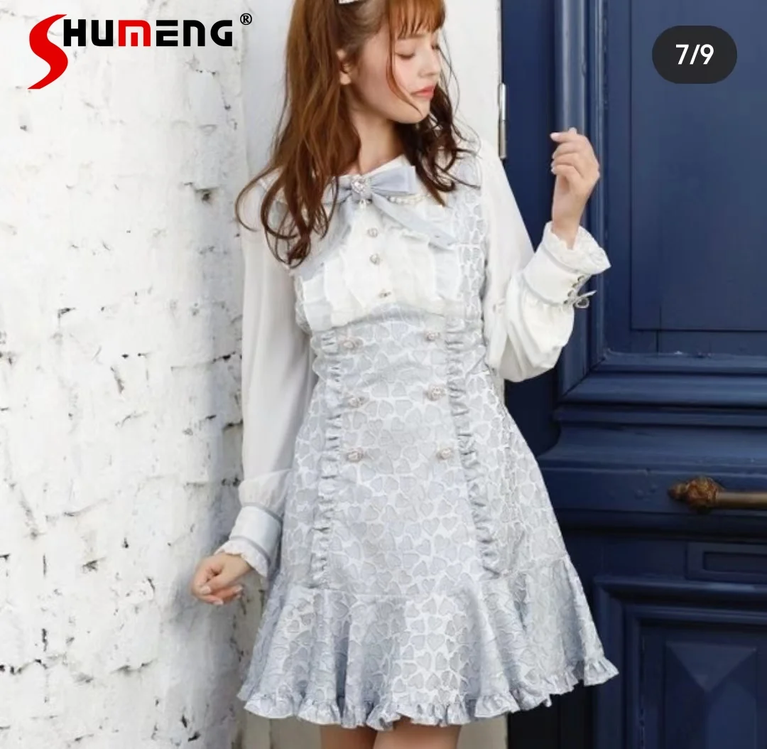 

Japanese Style Lolita Sweet Love-Shape Print Dress Women's Spring and Autumn Lace Doll Collar Long Sleeve Waist Slimming Dresses