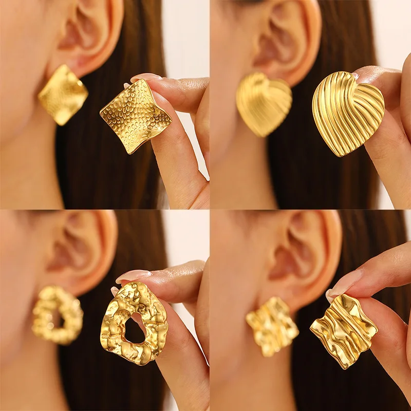 

Stainless Steel Wrinkled Gold Color Earrings For Women Metal Earing Jewelry 2024 Trending Vintage Round Square Heart Earrings