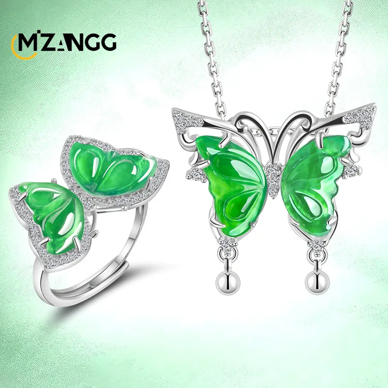 Natural A-goods Jadeite Butterfly Pendant S925 Silver Inlaid Hand-carved Exquisite Charm Ice Jade Ring Earrings Set Ladies Gift