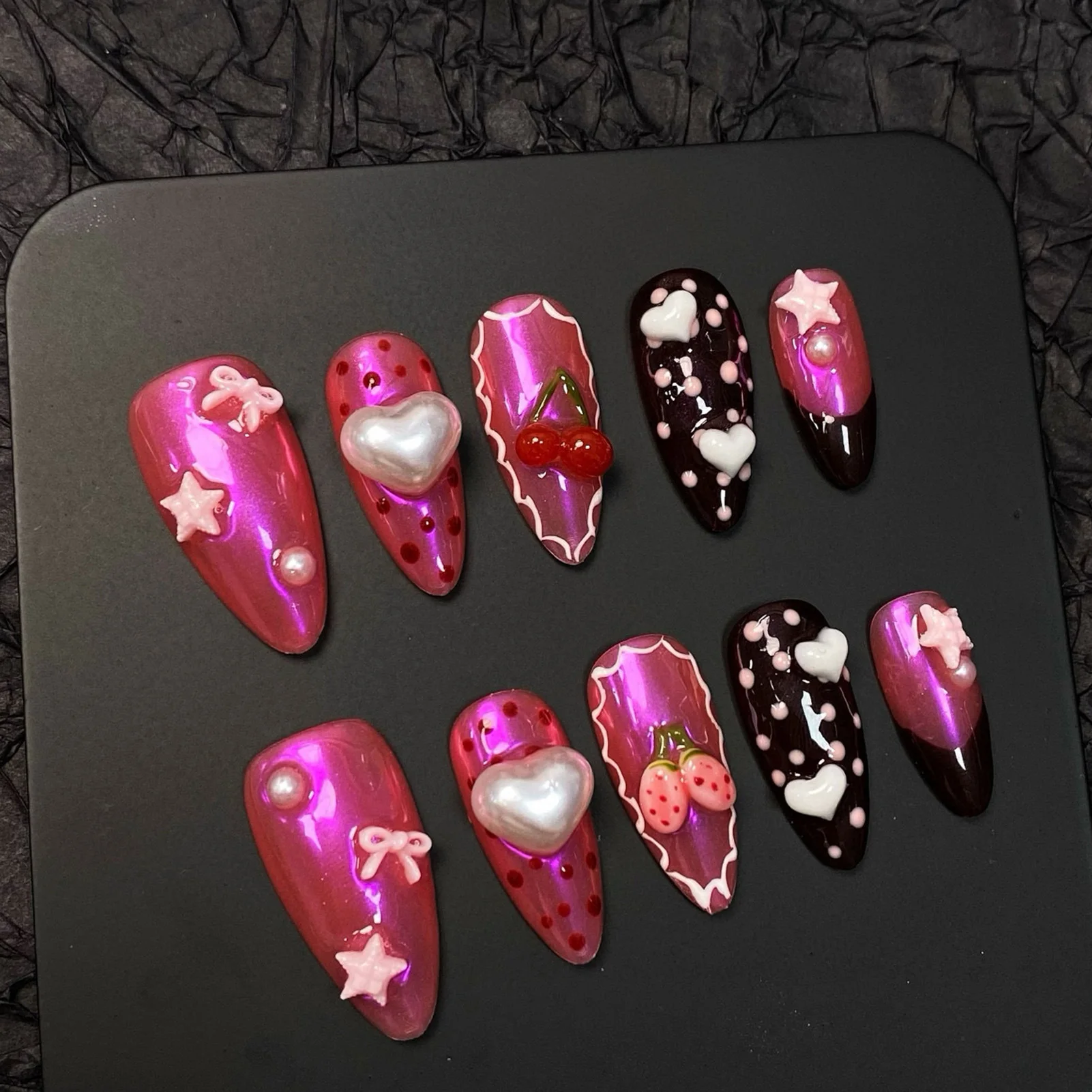 

10pcs Pink Black Almond Fake Nails 3D Relief Strawberry Cherry Love Heart Bowknot Handmade Press On Nails Y2k Sweet False Nail