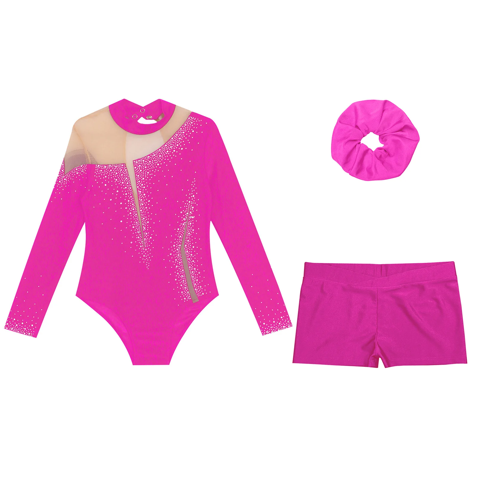 Chándal deportivo para niñas, conjuntos de patinaje artístico para Ballet, gimnasia, leotardo de manga larga con diamantes de imitación y pantalones cortos con abertura en la espalda