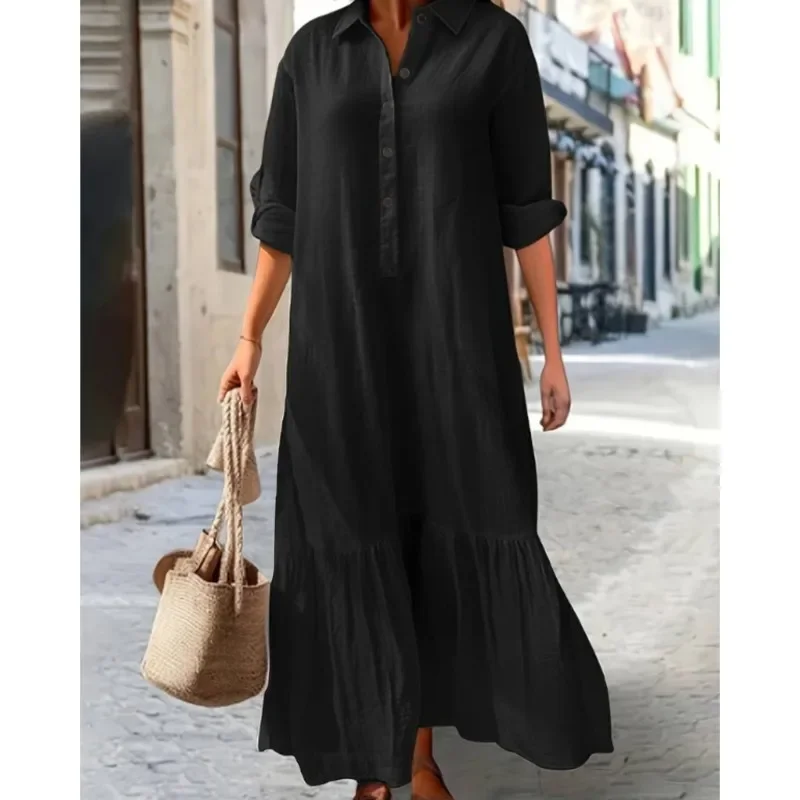 Vestidos de playa de lino y algodón bohemio de estilo sencillo para mujer, vestido de empalme con solapa y una sola botonadura, vestido plisado para mujer