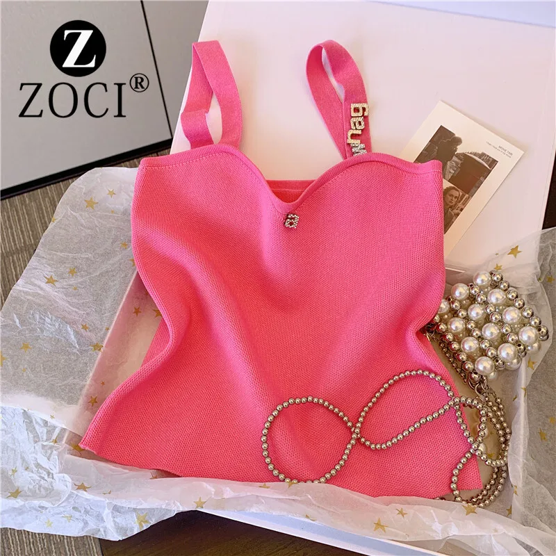 

[ZOCI] Dopamine Rose Red Camisole Vest Women To Wear Summer Sweet Girl Letters, Diamond Studded Sleeveless Base