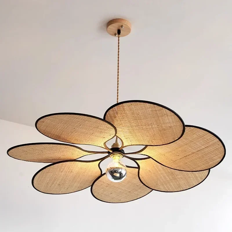 

Modern Japanese Wabi Sabi Rattan Art Raffia Petal Chandelier Living Dining Bedroom Decoration Home Pendant Light Indoor Fixtures