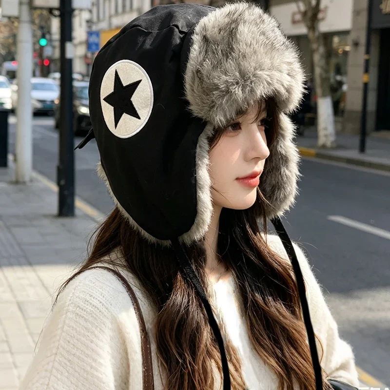 Y2K Star Patch Wool Like Lined Lei Feng Hat Unisex Black Autumn Winter Warm Ear Protection Trapper Hat for Outdoor Activities